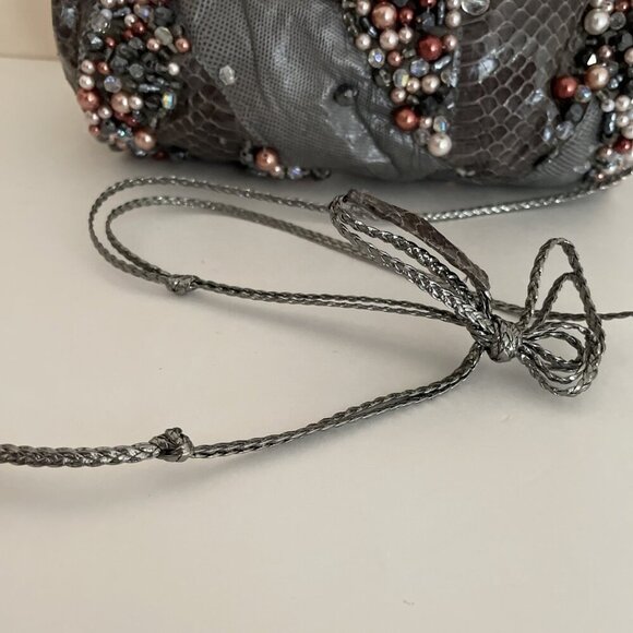 Grace Ann Agostino Embellished Evening Shoulder Bag Gray Leather Patchwork Beads - Picture 6 of 16